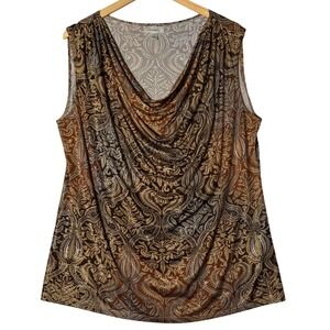 Dressbarn 1X Metallic Gold Baroque Paisley Cowl Neck Stretchy Top‎